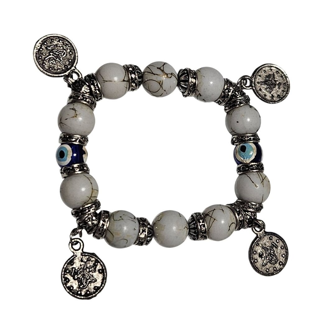 Evil Eye Silver Plated Bracelet White Turquoise Beaded Stretch Coin Charms Women